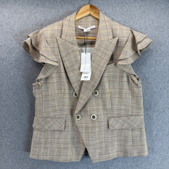 Veronica Beard Tan Janae Vest Plaid Sleeveless Blazer Ruffle Womens‎ Size 14 NWT - Picture 1 of 16